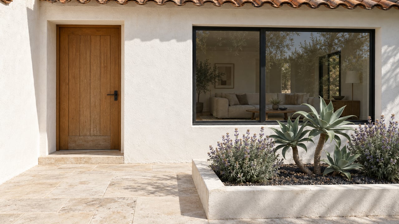 Sunlit white-stucco home with a terracotta roof, oak entry door, black-framed window and limestone terrace beside sculptural aloe and sage.