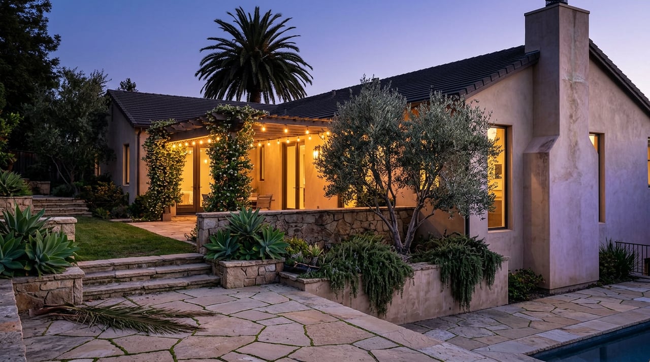 Hillside home glowing beneath a pergola strung with lights, above terraced stone gardens and a mature palm at dusk.