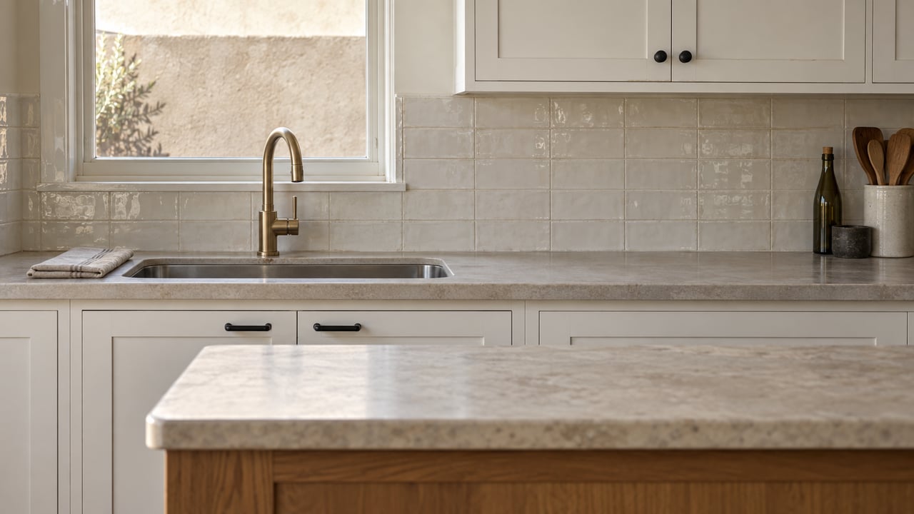 Kitchen sink with a brushed-brass faucet, creamy tile backsplash, white cabinets, and a folded linen towel.