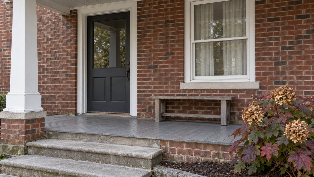 A covered brick-home porch with a charcoal glazed door, white-trimmed window, weathered oak bench and autumn oakleaf hydrangea beside stone steps.
