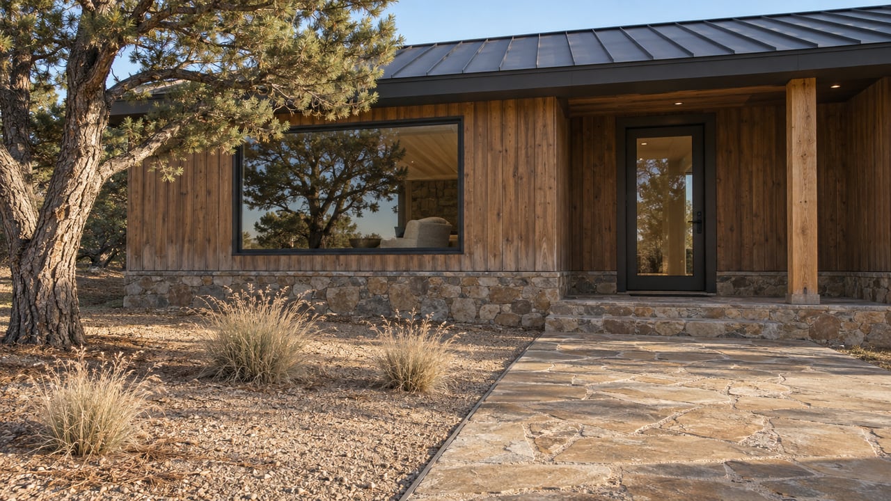 Timber retreat with a charcoal metal roof, sandstone entry path and a mature pinyon pine in a dry autumn garden.