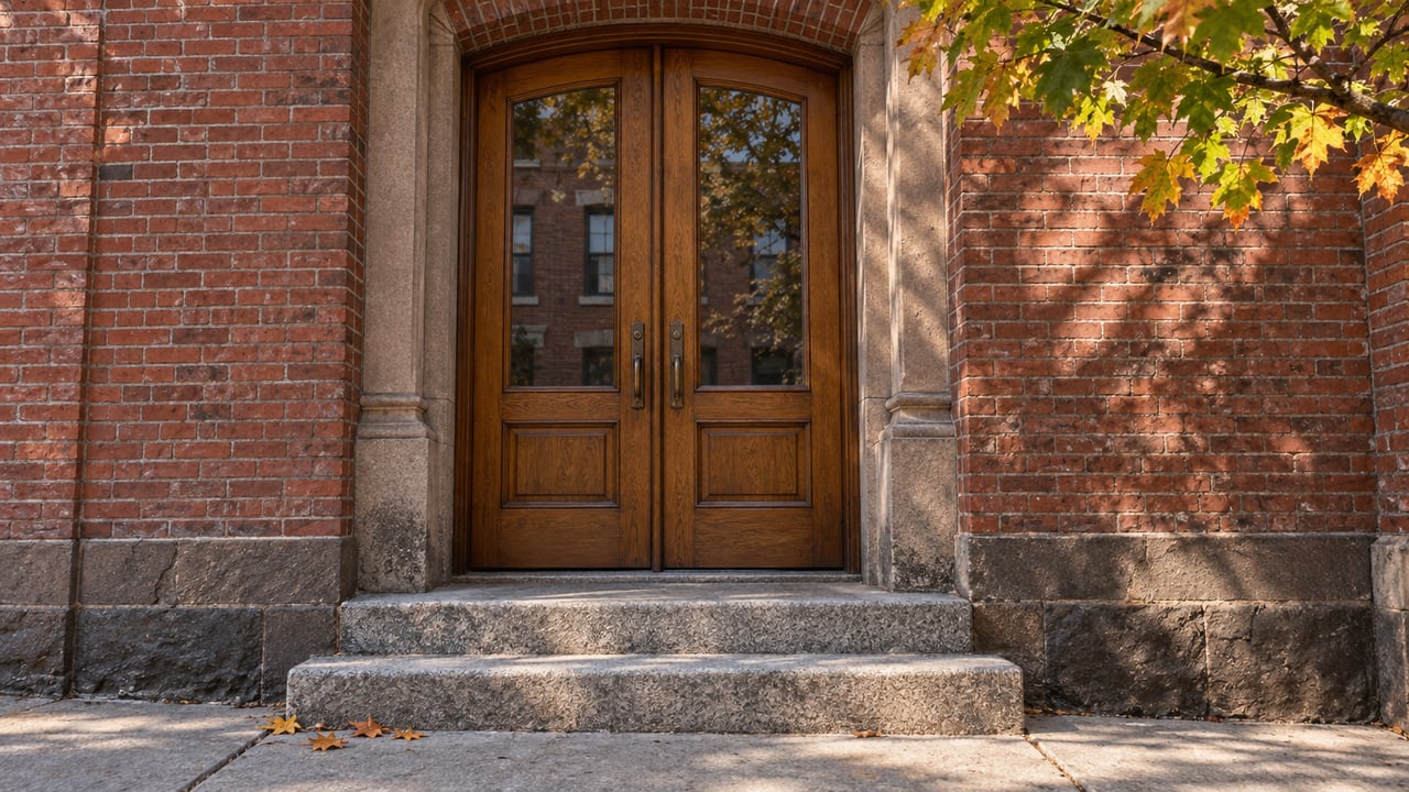 Paired glazed oak doors beneath a brick arch, with weathered sandstone surrounds, granite steps and an amber maple branch.