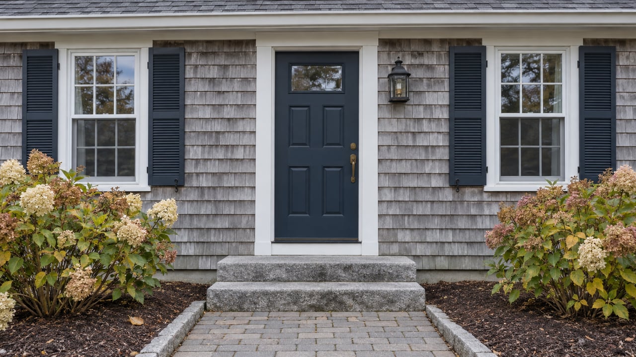 Silver-gray shingled home with a navy front door, paired shuttered windows, worn granite steps and hydrangeas with fading autumn blooms.