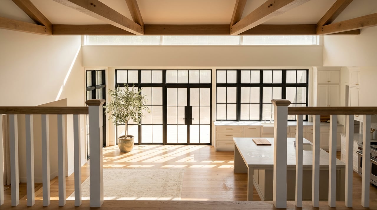Double-height great room with an oak-beamed ceiling, black-framed windows, and a white kitchen island below.