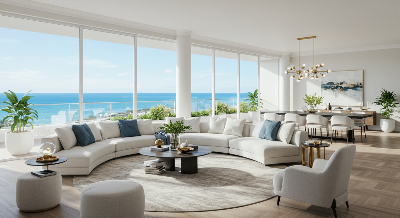Stylish 2026 living room featuring coastal-inspired design, luxurious textures, and stunning water views, perfect for modern Miami living