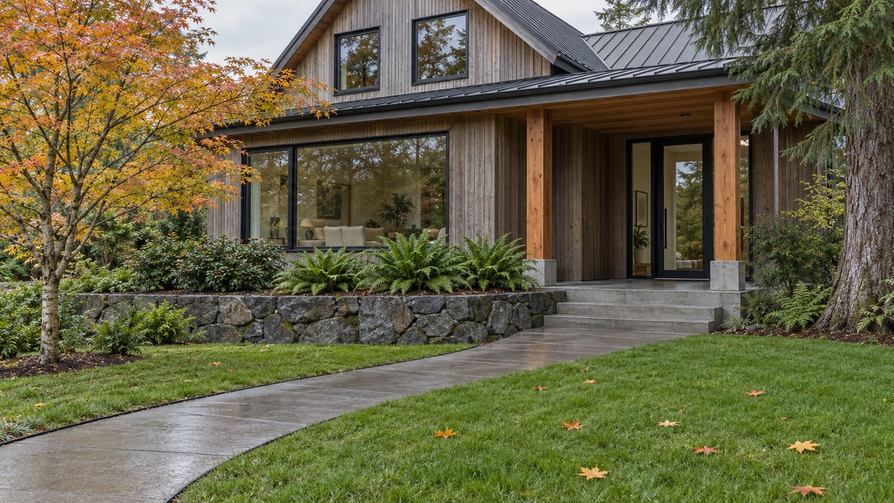Rain-darkened concrete approach crosses a deep autumn lawn toward a cedar-clad gabled home with basalt planting beds and a sheltered timber porch.