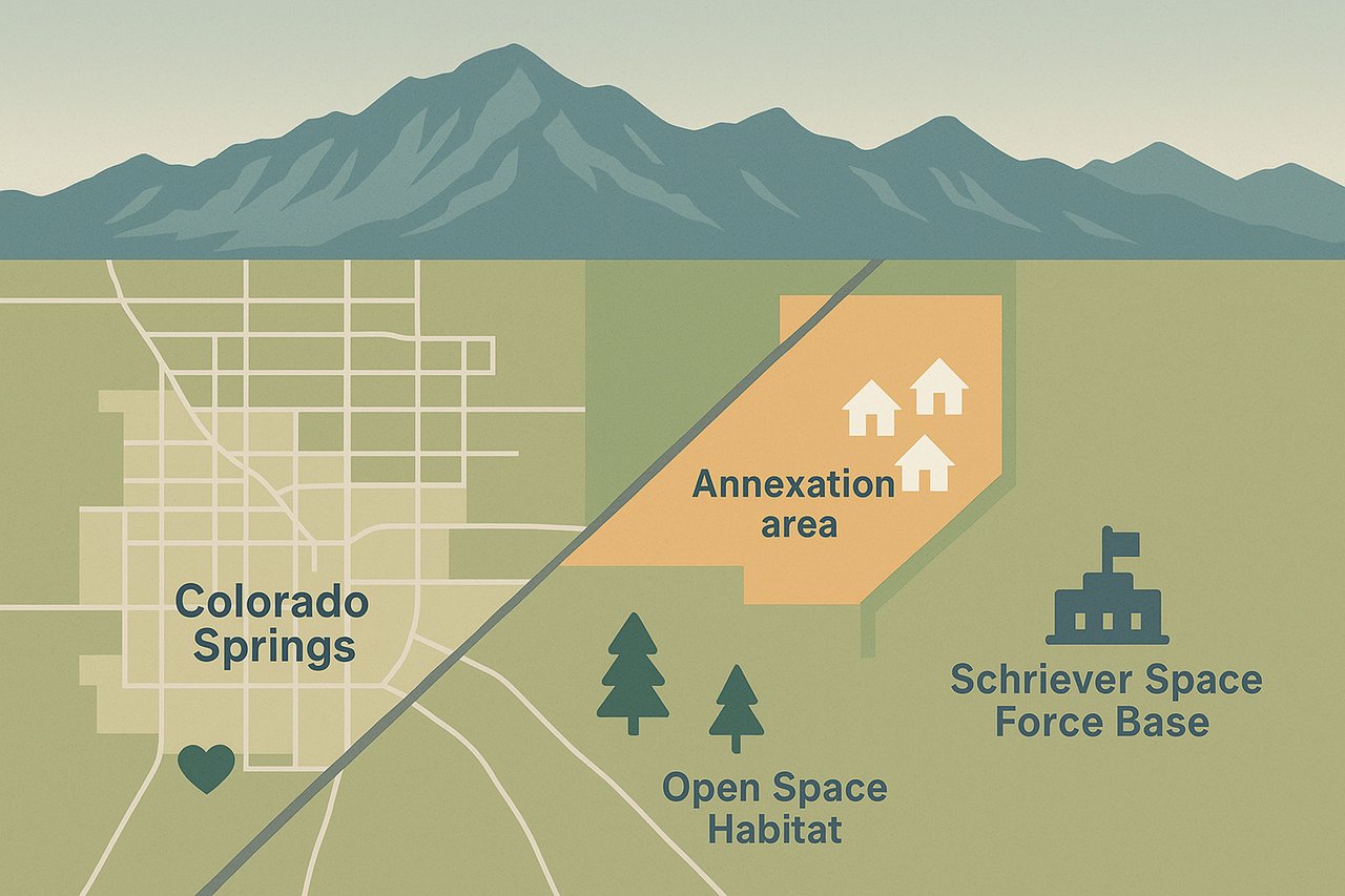 Map showing proposed annexation area near Schriever Space Force Base and Colorado Springs, highlighting development zones, open space, and real estate impact areas.