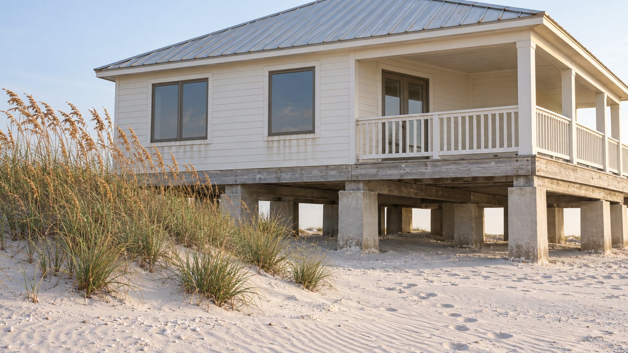 Elevated pale beach house with a metal roof and covered timber porch beside sea oats and blue panicgrass on wind-rippled sand.