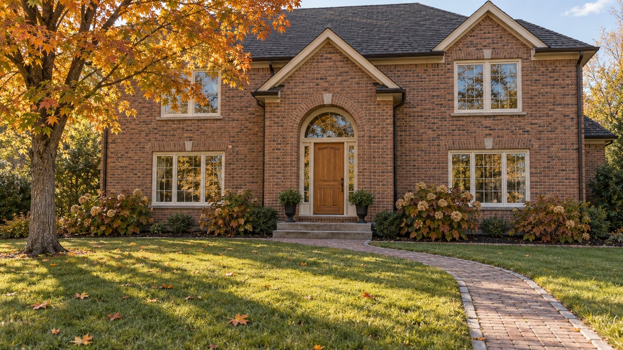 Two-story brick home with a timber entry door, broad front lawn, and an amber-leaved maple in afternoon light.