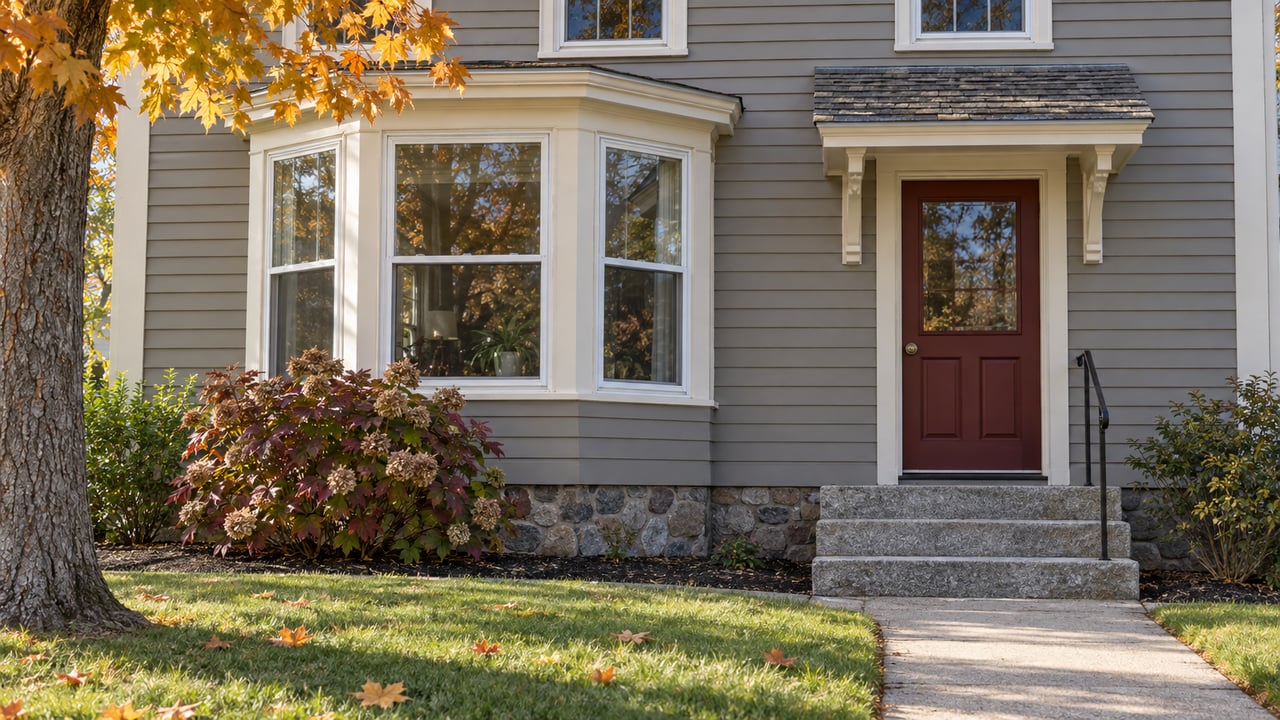Autumn sunlight on a gray clapboard house, with an oxblood front door, granite steps and a projecting window bay beside a small lawn.