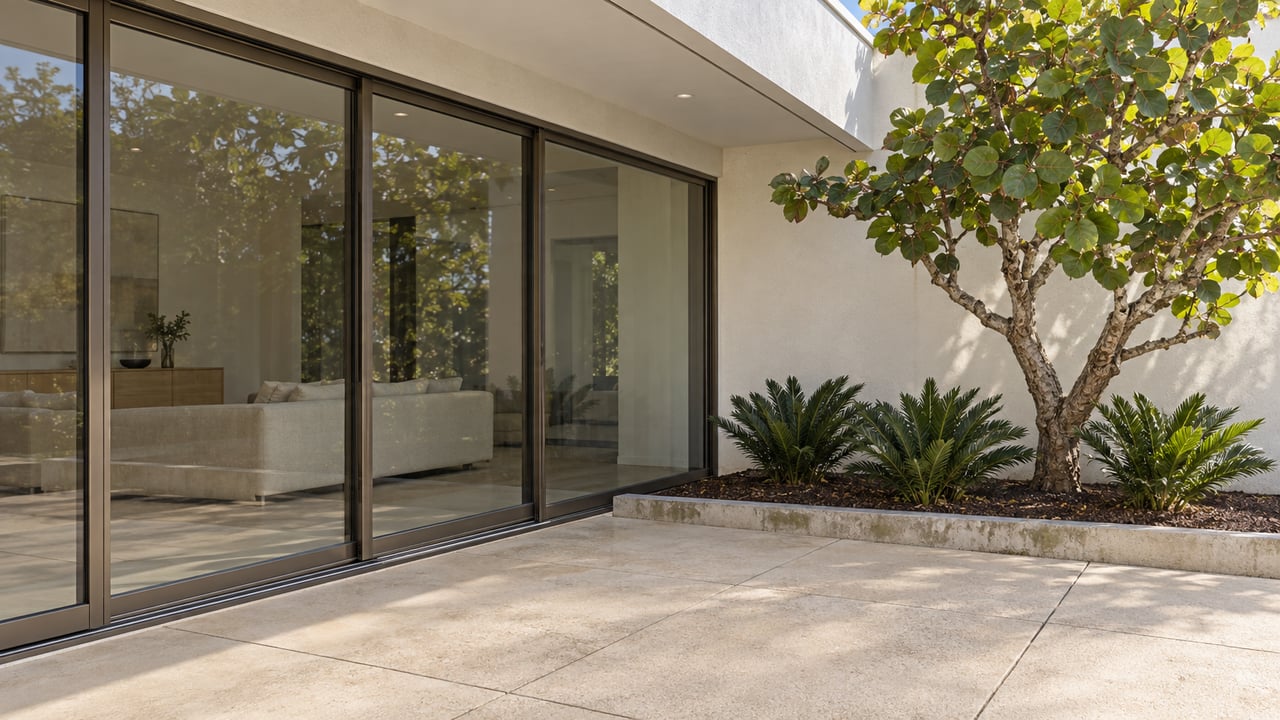 Covered terrace with warm-white stucco, bronze-framed glass doors, sand-colored concrete paving and a sea grape tree in a bordered planting bed.