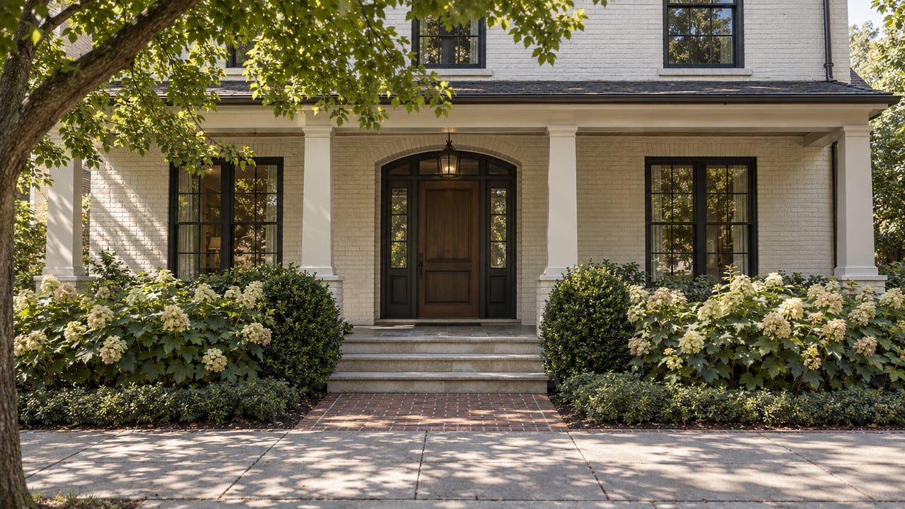 Off-white brick house with arched porch entry, limestone steps, oak canopy, hydrangeas, and a concrete sidewalk.