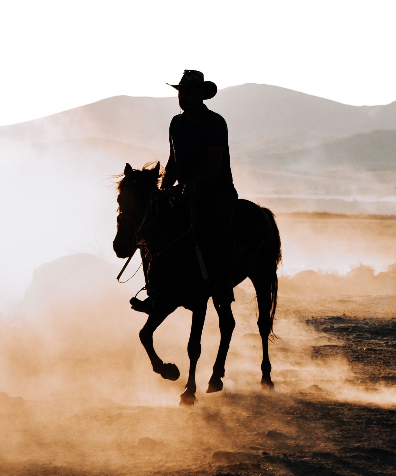 Cowboy riding a horse through dust against softly lit mountain ridges.