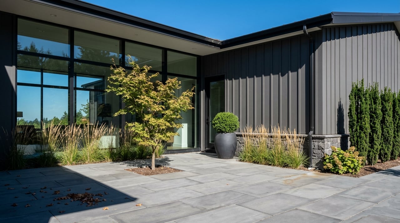 Contemporary home with black-framed glass, charcoal siding, and a sculptural Japanese maple in its stone courtyard.