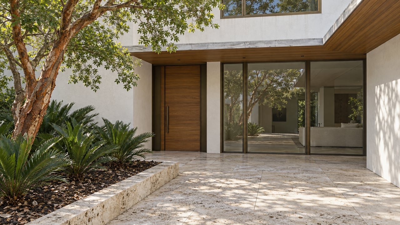 A copper-barked tree shades a limestone entrance court beside a white stucco home with warm wood soffits and bronze-framed glazing.