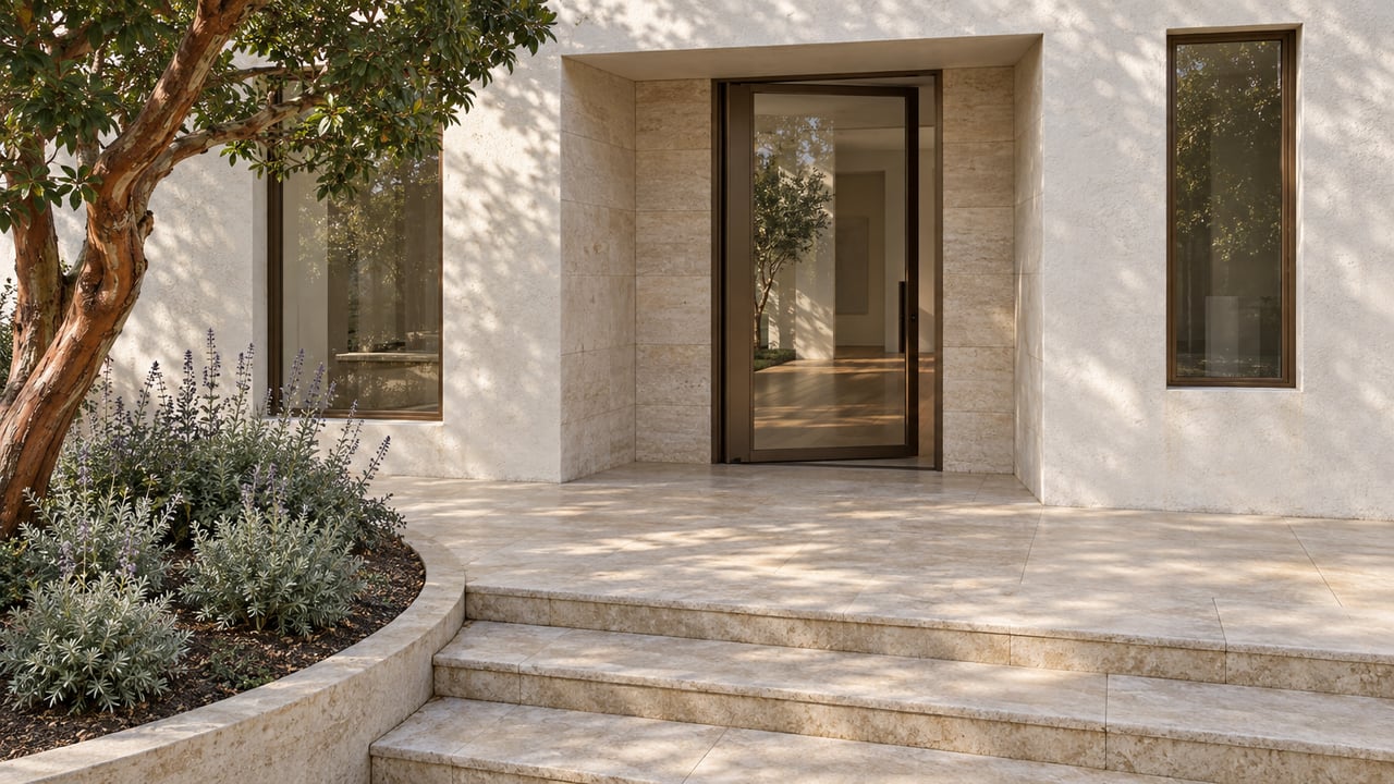 Elevated view of a white-stucco home's bronze-glazed entrance, limestone steps, and sculptural strawberry tree.