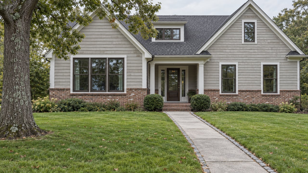 Detached clapboard-and-brick house with a broad lawn, central walkway, and mature tree at left.