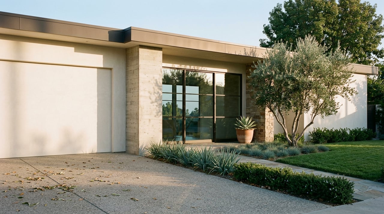 Contemporary stucco home with a board-formed concrete entry pier, olive tree, paver path, and landscaped front garden.