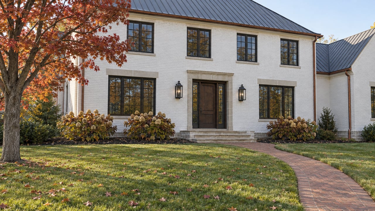 White-painted brick detached home with dark roof, limestone entry steps and a deep autumn lawn beside a red maple.