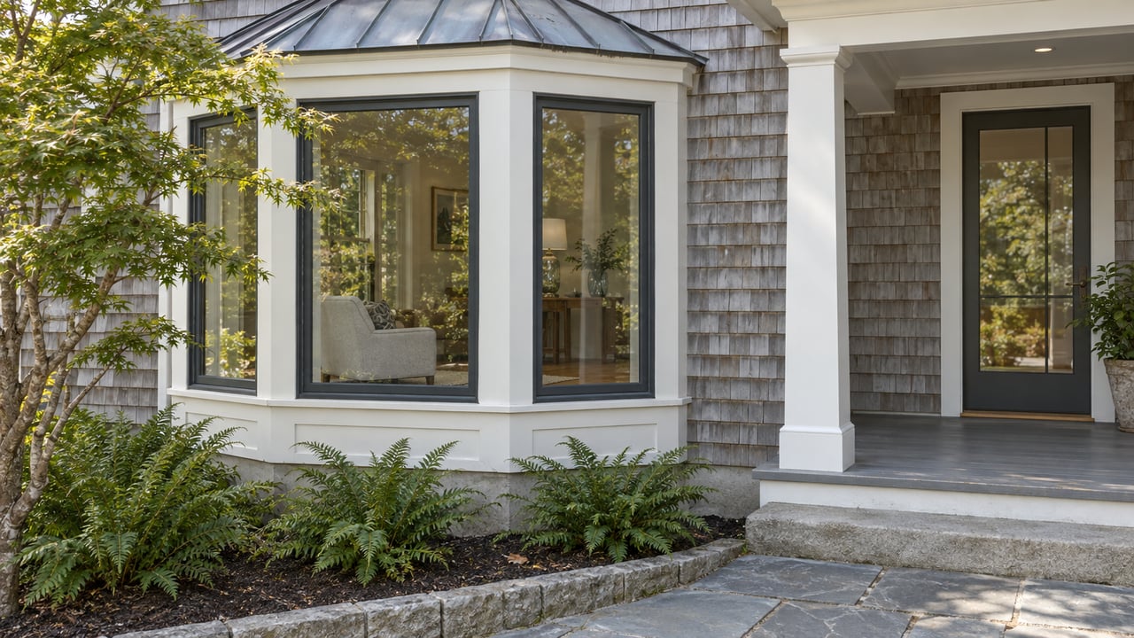 A cedar-shingled home with a white-trimmed bay window, covered porch corner and stone path beside a Japanese maple and sword ferns.