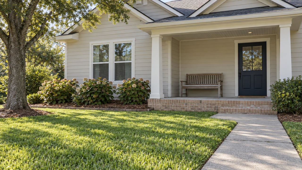 Ivory-sided home with gray gables, a navy front door and raised brick-edged porch, viewed across a green lawn beneath a mature live oak.