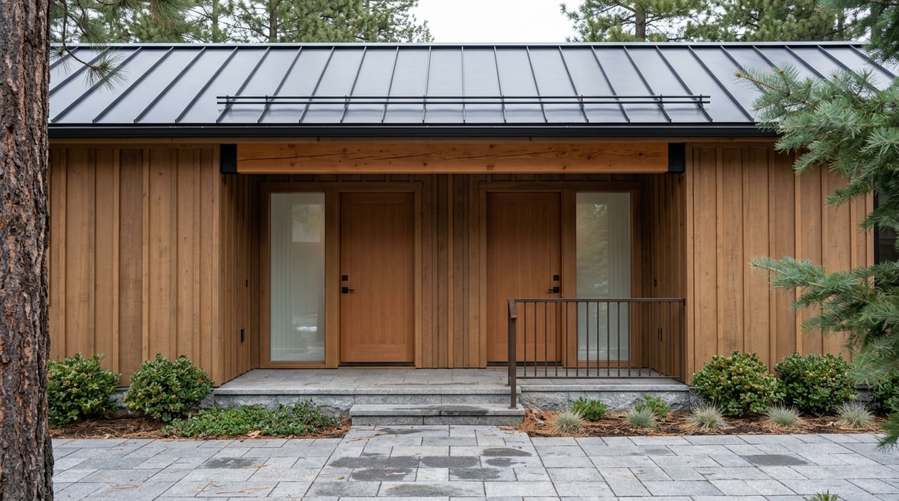 Two adjacent condo entry doors framed by cedar, stone, and dark metal beside a granite paver walkway.