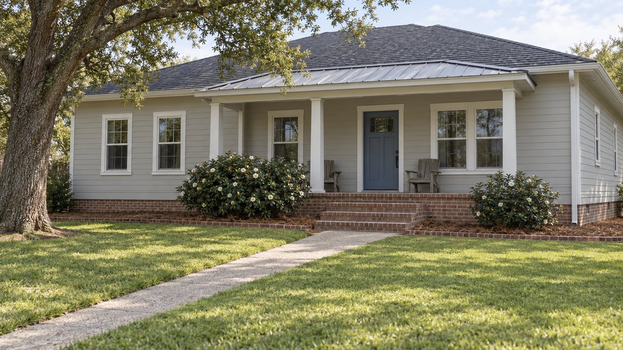 Pale lap-sided home with a blue front door, brick porch steps and a broad lawn beneath a spreading live oak.