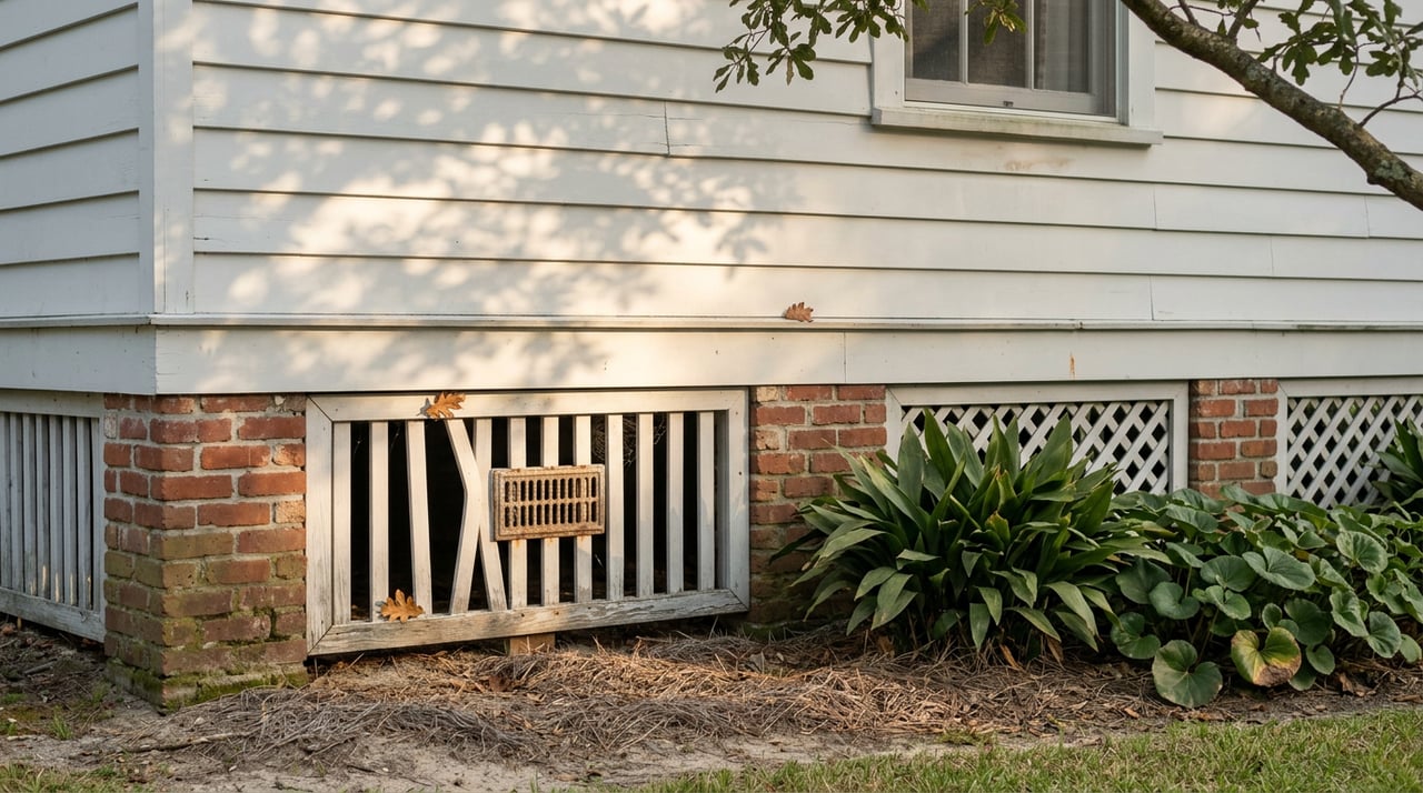 Raised cottage foundation with brick piers, white lattice, shaded plants, and pine-straw mulch.