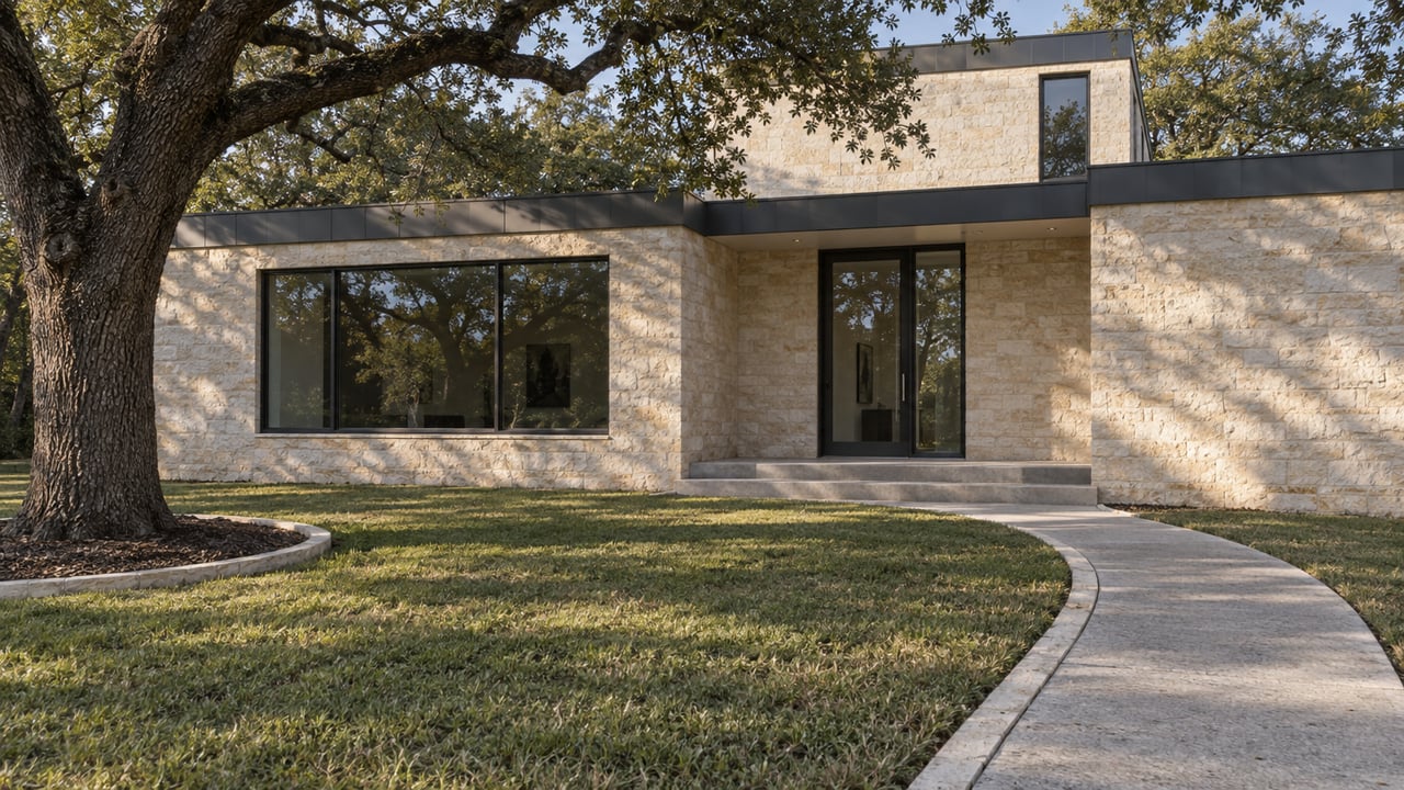 Contemporary limestone home with dark metal window frames, a deep front lawn, curved concrete approach and mature spreading live oak.