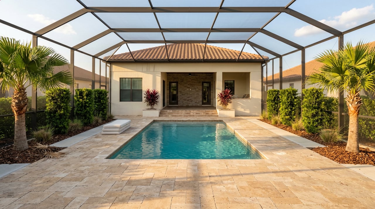 Screened backyard pool beside a cream stucco home, with palm trees, burgundy planters, and sunlit stone pavers.
