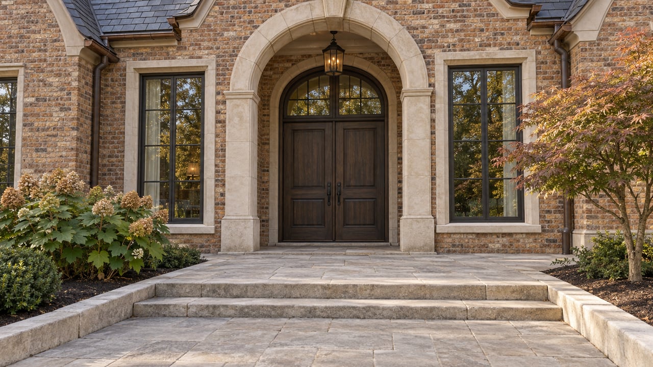 Russet-brick estate entrance with limestone arch, paired oak doors, slate gables and a Japanese maple beside a broad stone approach.
