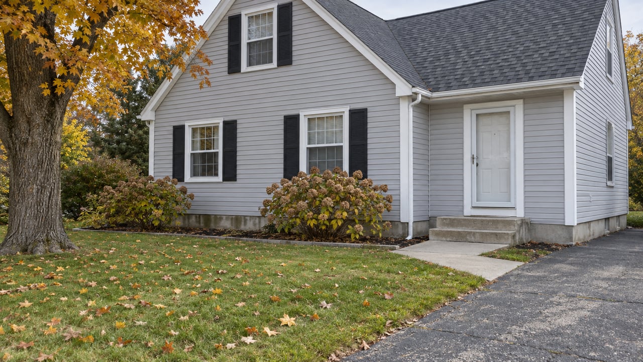 Light-gray cross-gabled house with black shutters, a concrete entry walk and amber maple leaves scattered across an autumn lawn.