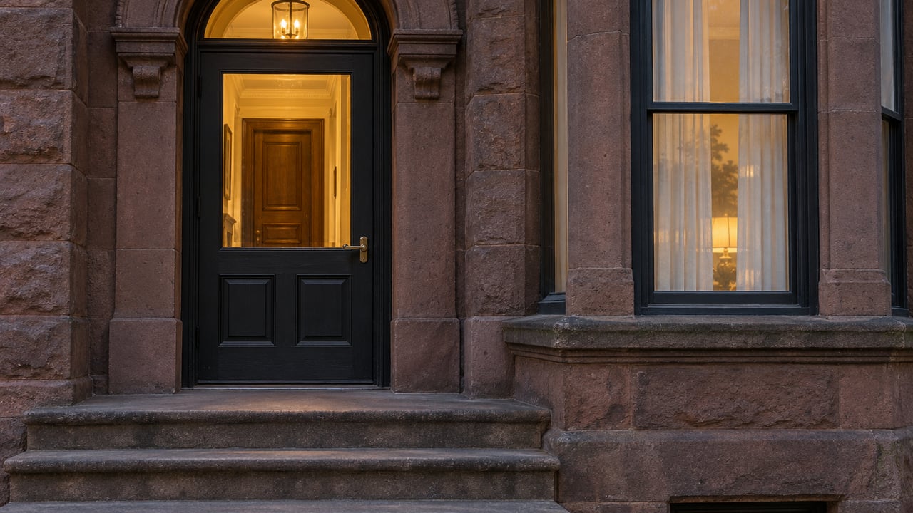 Warm light behind a closed dark timber door in a weathered sandstone rowhouse entrance at dusk.
