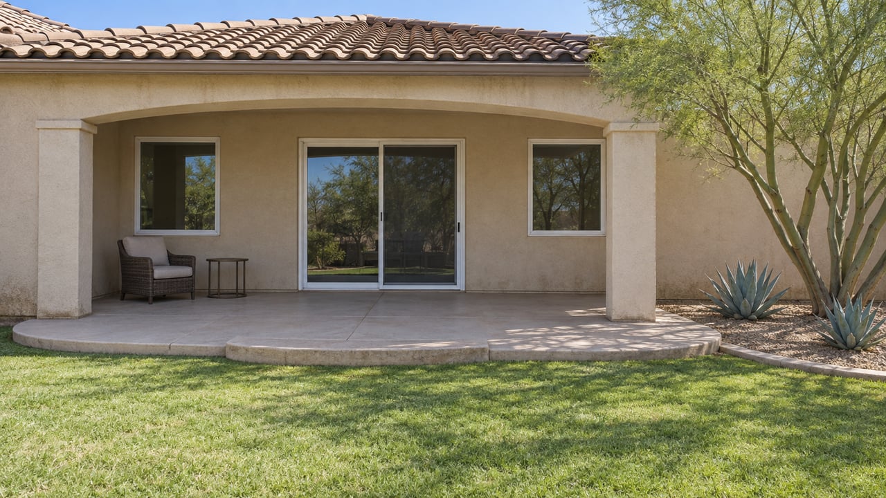 A sand-colored stucco home with a brown tile roof, covered rear terrace, small lawn and sculptural desert planting in bright daylight.