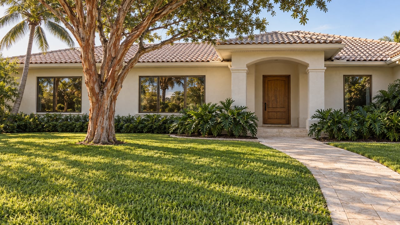 A pale stucco home with a tiled roof, deep green front lawn and limestone entry walk beneath sculptural tropical trees.