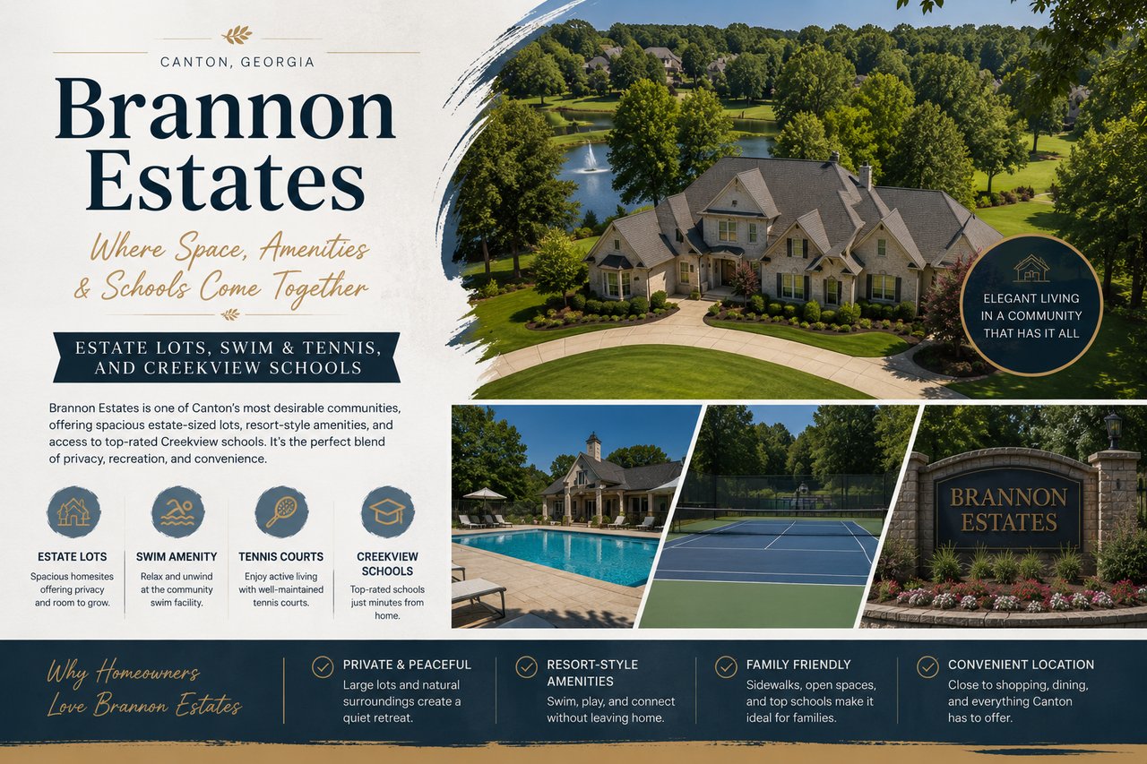 Brannon Estates in Canton, Georgia featuring estate-size lots, swim and tennis amenities, and Creekview schools.