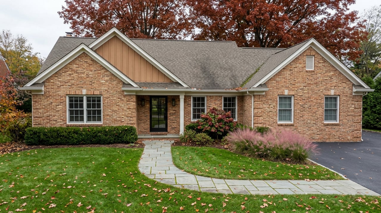 Brick suburban home with intersecting gables, a red-orange maple canopy, and a bluestone walkway through the lawn.