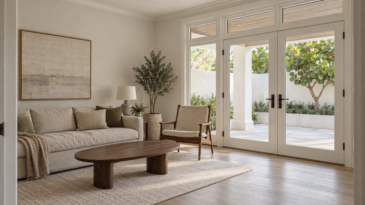 Light-filled living room with linen seating, pale oak floors and French doors opening visually onto a shaded stone patio.