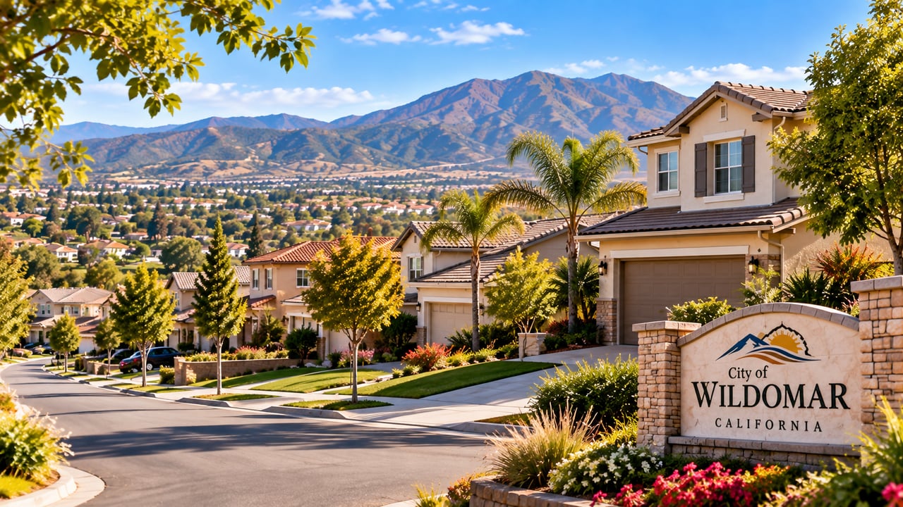 Suburban homes and palm trees behind a sign reading City of Wildomar California.