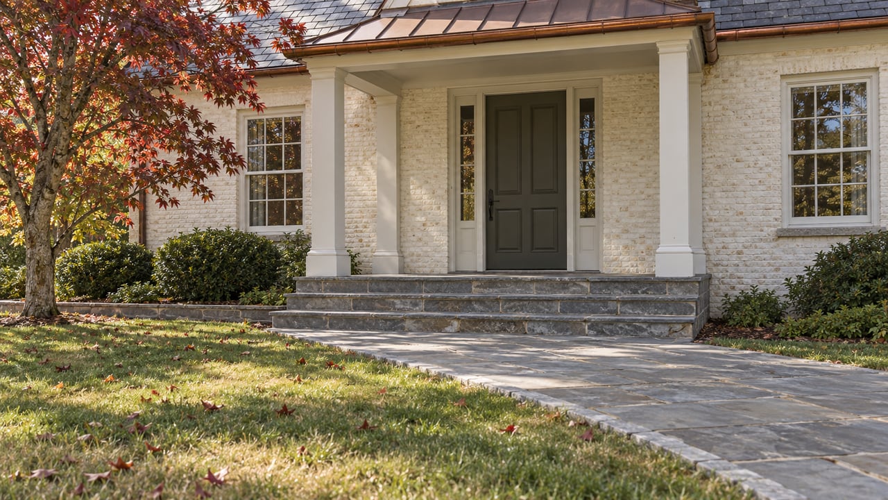 A limewashed brick home's covered entrance with flagstone steps, olive door and autumn dogwood beside a broad lawn.