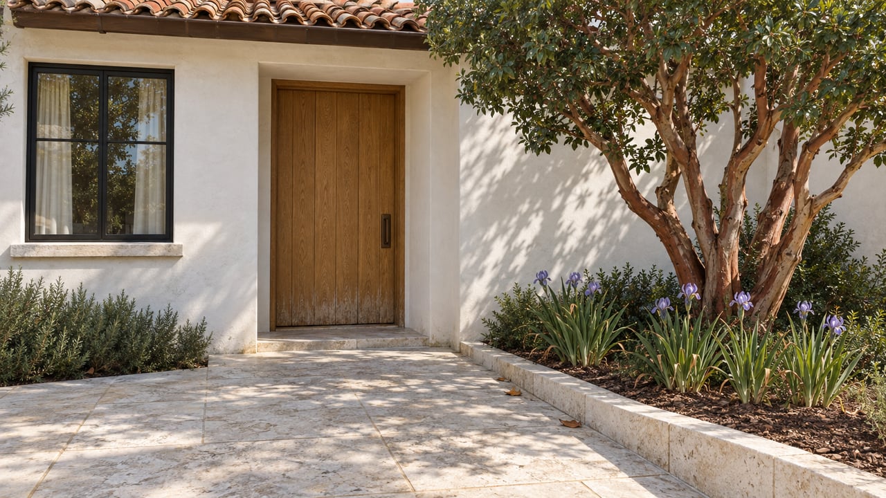 Sunlit stucco entrance with an oak door, terracotta eave, pale stone approach and a sculptural strawberry tree.