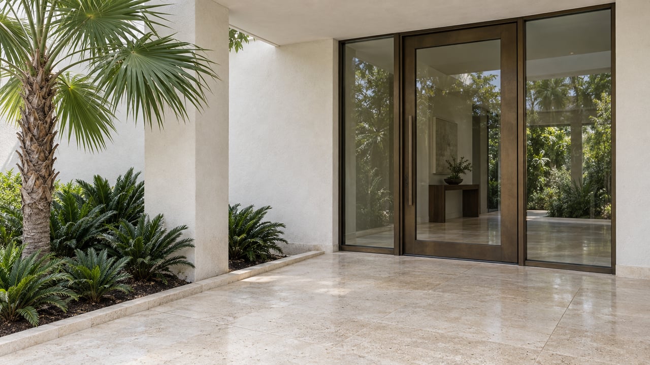 Sheltered white-stucco entry with bronze-framed glass, ivory limestone paving, a thatch palm and coontie planting.
