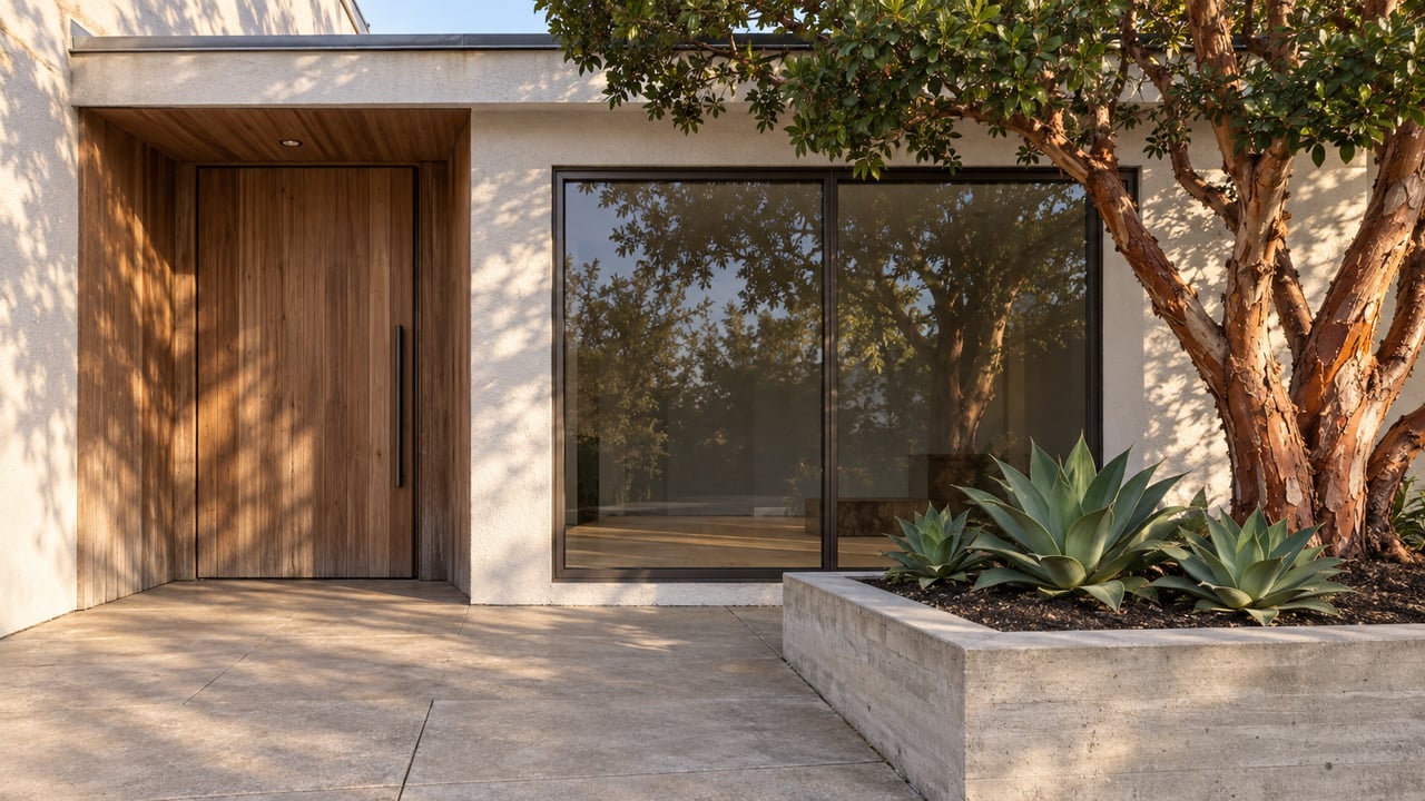 Contemporary home's cedar entry and bronze-framed window beside a raised concrete bed with a sculptural strawberry tree and three agaves.