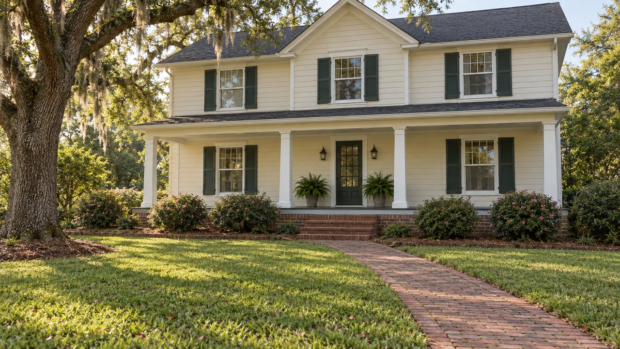 Ivory-sided two-story home with a brick foundation, shaded porch, deep front lawn and a mature live oak.