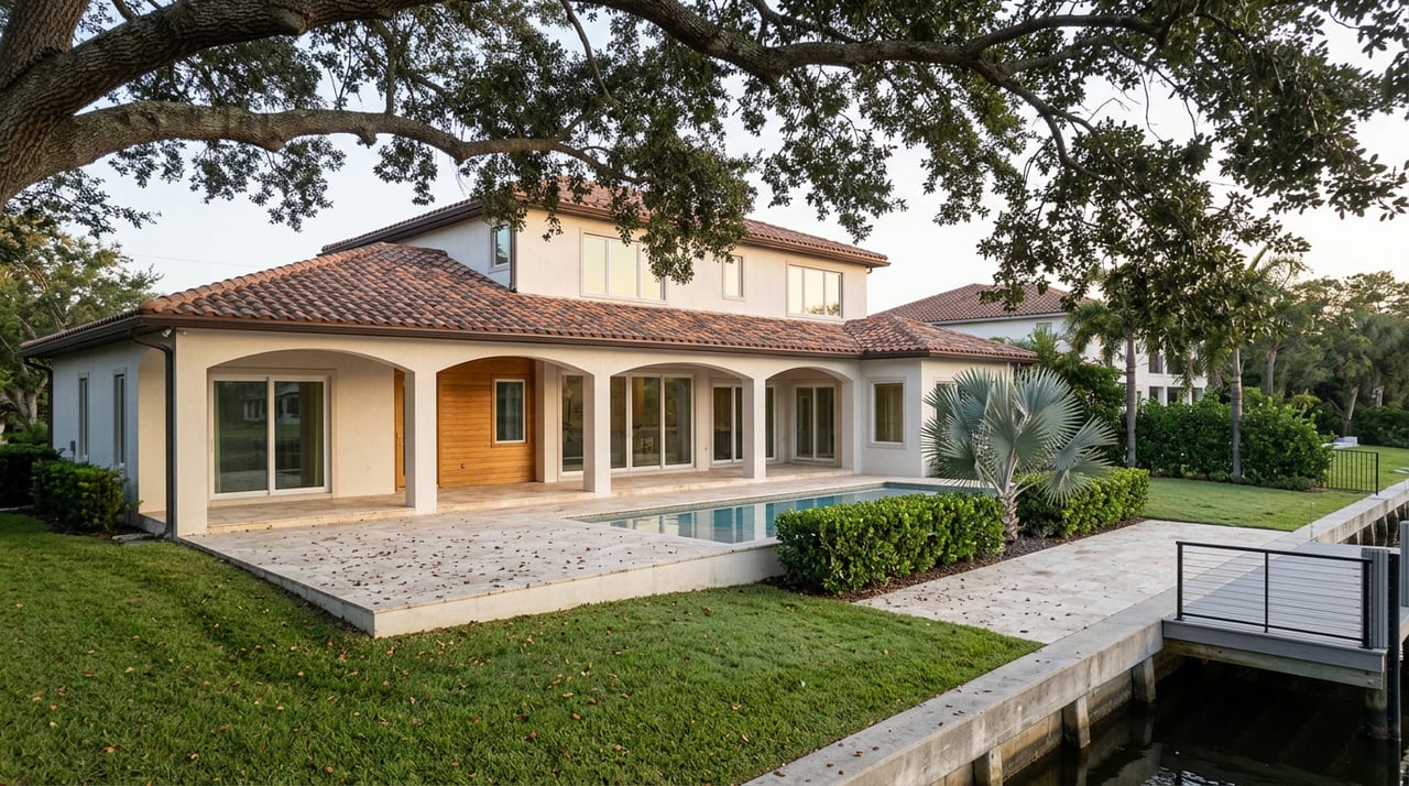 Waterfront stucco home with terracotta roof, deep lawn and stone terrace extending to a private dock.