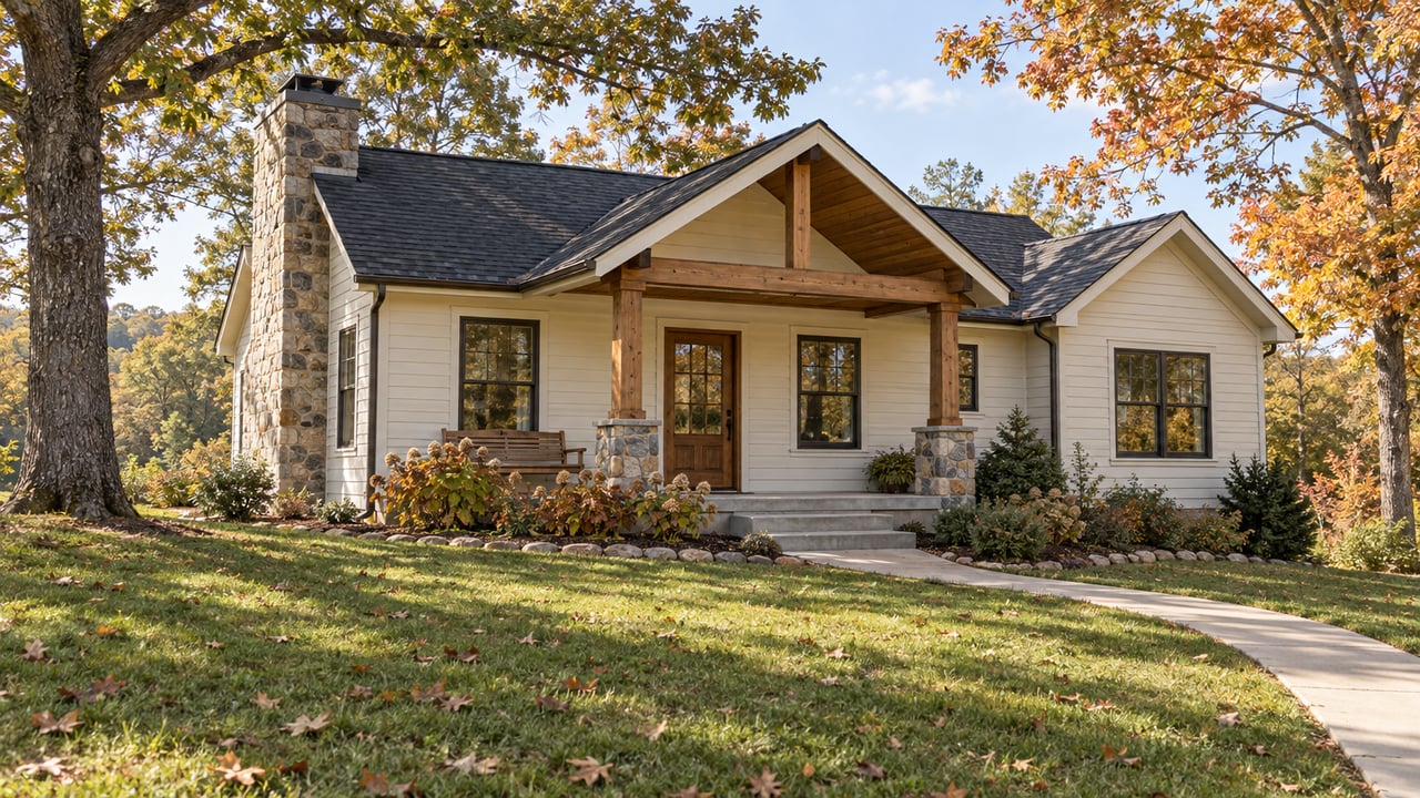 Gabled home with cream siding, a stone chimney and timber porch across a broad autumn lawn.