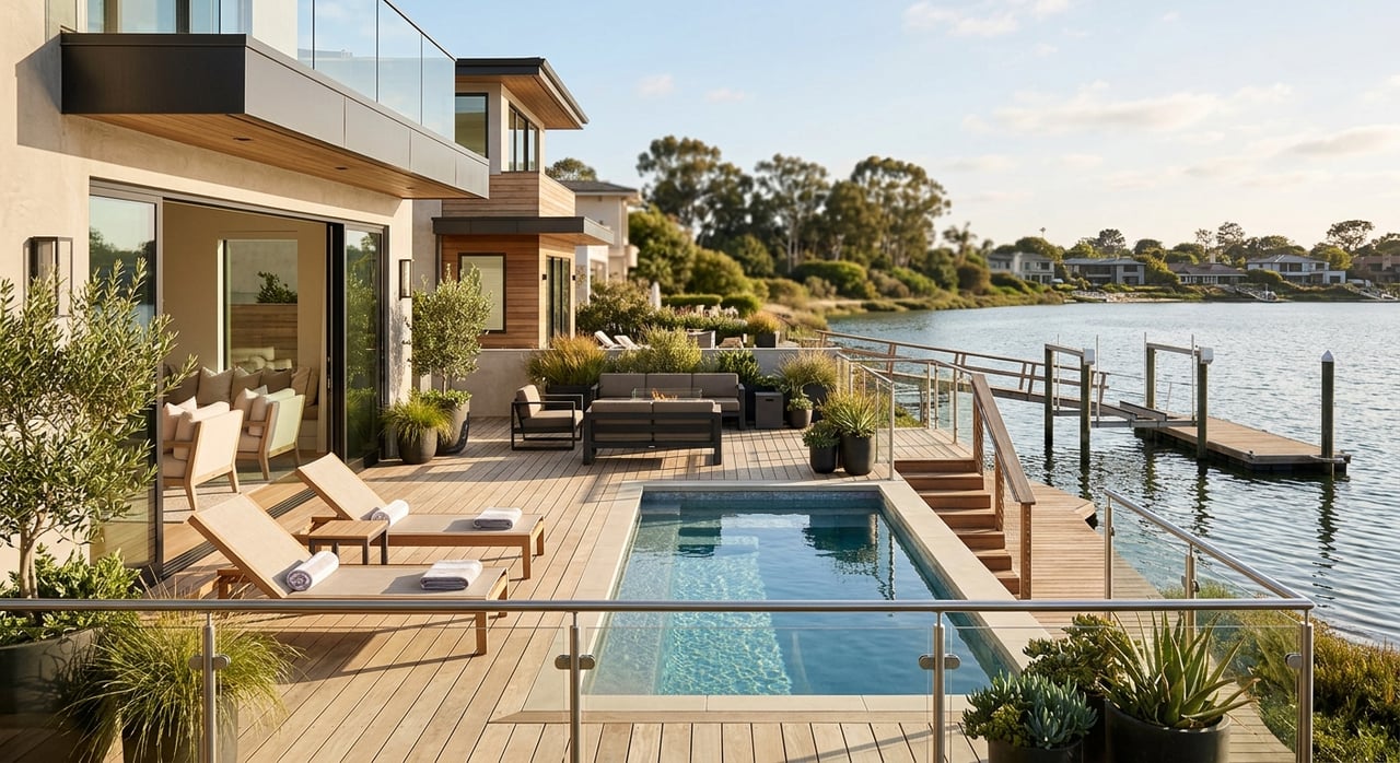 Patio with a plunge pool and teak loungers beside a dock, steel ladder descending into rippling water.