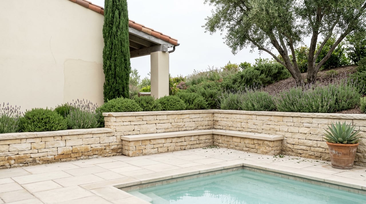Pool corner and limestone terrace beside a stepped retaining wall, olive tree, cypress, and cream stucco home.
