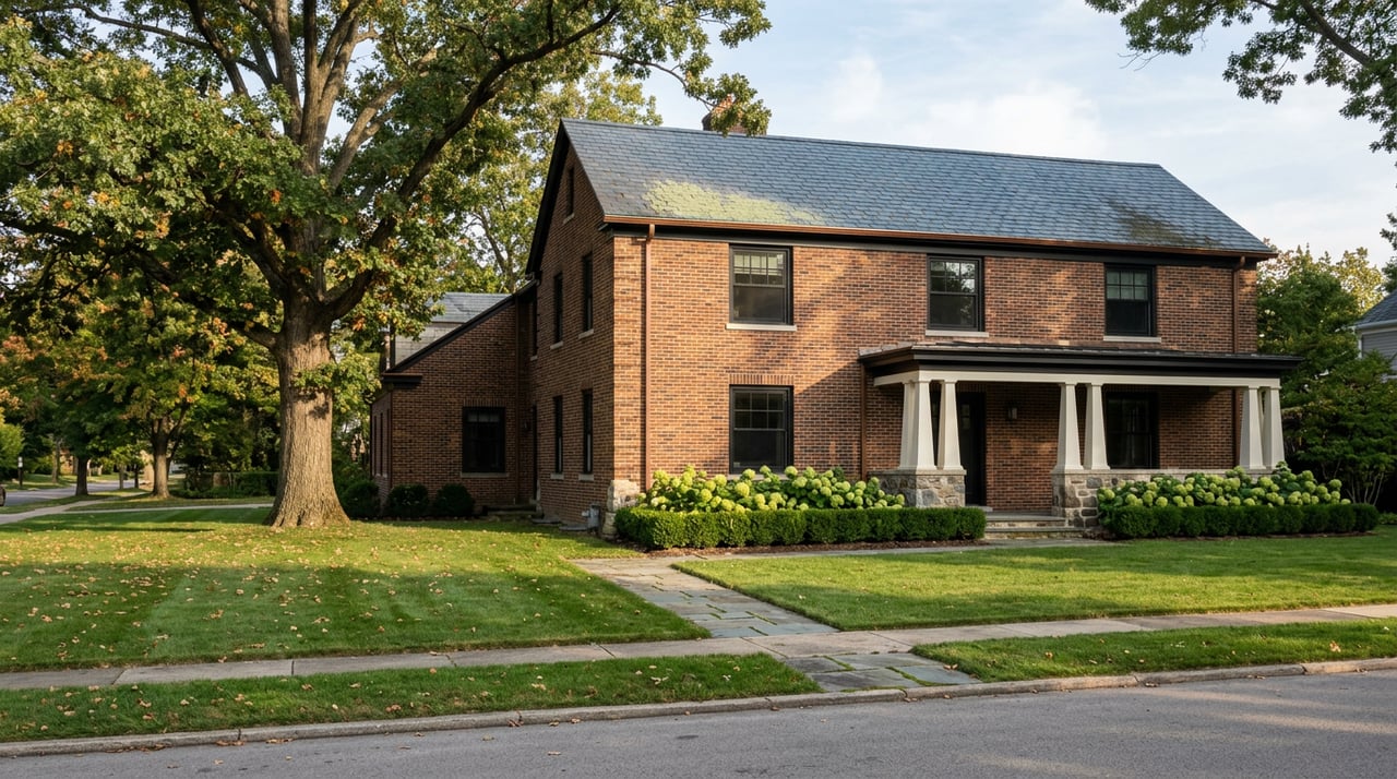 Two-story red-brown brick home with black-trimmed windows, white-columned portico, and a large oak beside the lawn.