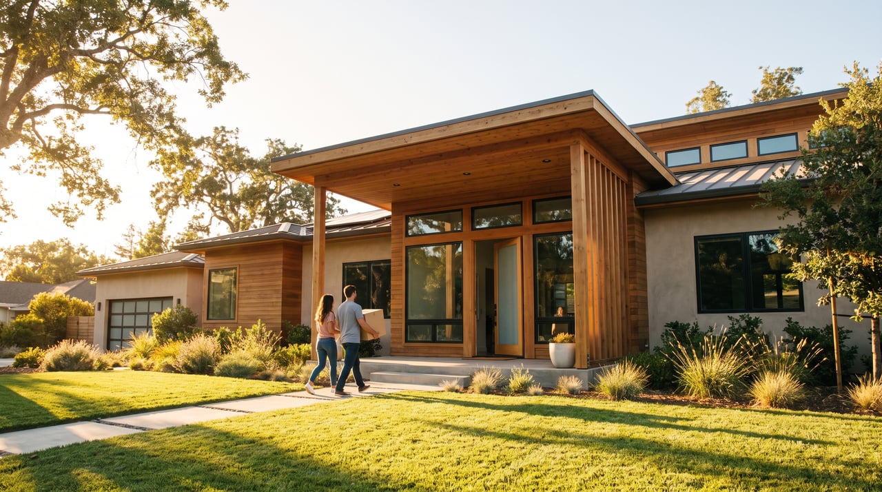 Modern wood-and-stucco home with a couple carrying a box toward its covered entrance.